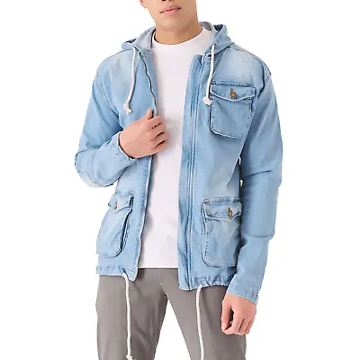 Buy Mens Denim Jacket Loose Fit Hooded Cotton Trucker Jacket Vintage Classic Size • 21.99£
