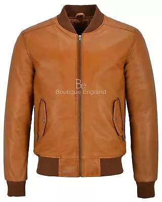 Buy 70'S RETRO BOMBER Jacket Men's Tan Classic Soft Italian Napa Leather 1229  • 110£