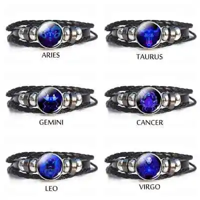 Buy Men's Zodiac Adjustable Leather Bracelet Black Wristband Jewellery Gift New • 6.28£
