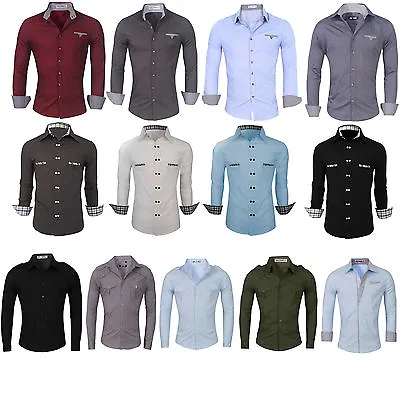 Buy Mens Stylish Slim Fit Shirts Long Sleeve Luxury Formal Casual Dress Shirts Tops • 12.99£