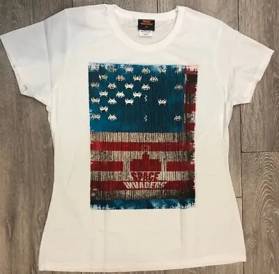 Buy Ladies T Shirt White SPACE INVADERS Stars And Stripes American Flag Size S M L • 8.89£