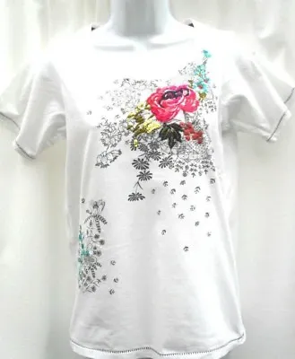 Buy SIZE 8 WHITE WITH BEAUTIFUL MULTI-COLOUR FLORAL APPLIQUE AND GOLD SEQUIN T Shirt • 6.99£