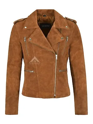 Buy Women's Real Leather Jacket Tan Suede Classic Casual Fashion Biker Jacket 7113-A • 95.99£