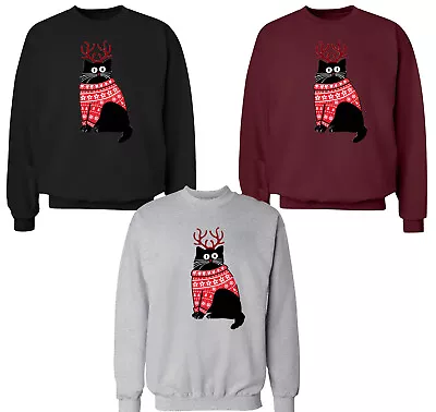 Buy Christmas Jumper Black Cat With Antlers Funny Unisex Adult Kids Sweatshirts • 23.99£