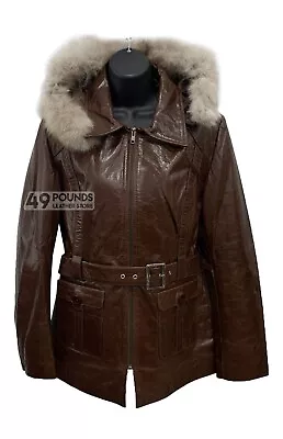Buy Women Brown Hooded Leather Jacket Fur Hooded Hip Length Parka Jacket P-543 • 41.65£