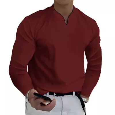 Buy Men V-Neck Casual Shirts Long Sleeve Collarless Shirt Formal Blouses Top T-Shirt • 15.98£