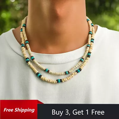 Buy Mens Beaded Necklace Wooden Turquoise Bohemian Boho Beach Surfer Jewellery Gifts • 4.59£