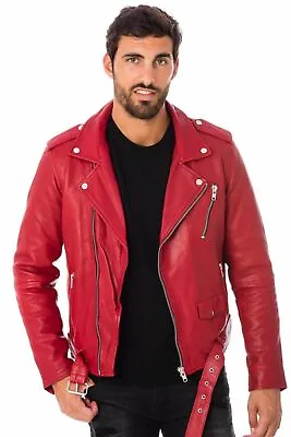 Buy Mens Brando Leather Jacket Red Slim Fit Biker Genuine Lambskin Leather Jacket • 79.99£