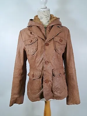 Buy JOE BROWNS Leather Zip Up Biker Jacket Faux Fur Lined Hood Pockets Women's UK 12 • 75£