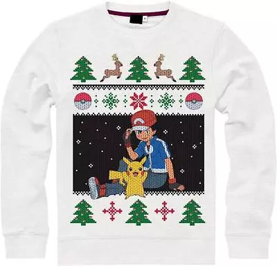 Buy Pokemon Ash And Pikachu Christmas Jumper, White Official Xmas Jumper • 32.99£