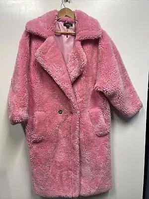 Buy Athina Pink Fur Coat Long Fuzzy Women Small Sherpa Bright Pink Button Closure • 47.35£