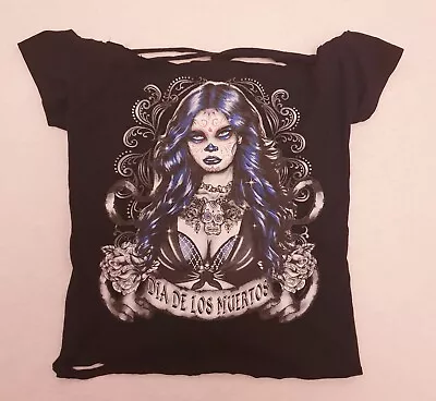 Buy Day Of The Dead Black T Shirt With Open Back Size 8 10 • 4£