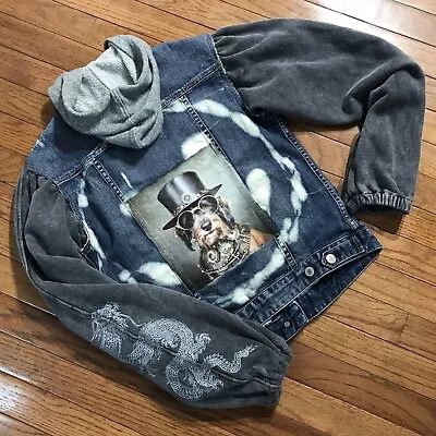 Buy Upcycled Jean Jacket Bleached With DTF Of Steampunk Dog On Back OOAK • 17.32£