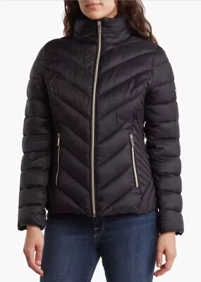 Buy NWT MICHAEL KORS Black Chevron Hooded Packable Puffer Jacket Size XL Waterproof • 81.61£