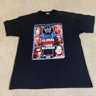 Buy Vintage WWE Global Warning Tour T Shirt Mens XL Black 2002 The Rock Hulk Hogan • 72.35£
