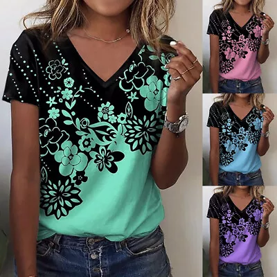 Buy Ladies Summer Tops Blouse Floral V Neck Short Sleeve Tee T-Shirts Plus Size UK • 3.42£