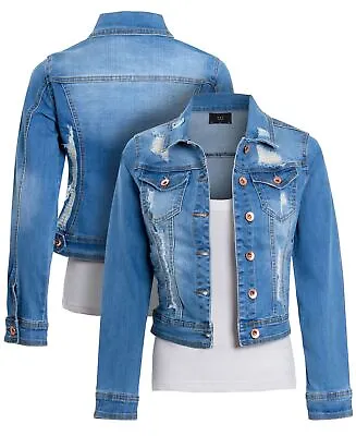 Buy Womens Ripped Denim Jacket Ladies Stretch Jean Distressed Blue Size 6 To 16 • 21.95£