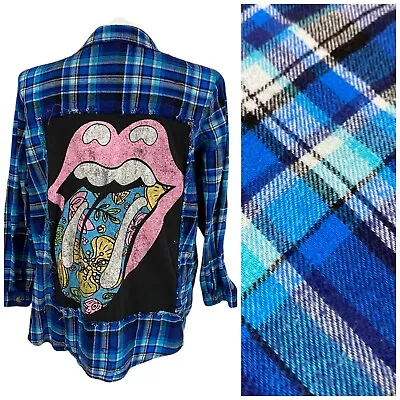 Buy Upcycled Flannel Shirt Women 2X Funky Lips Blue Plaid Country Grunge Camp Farm • 42.60£