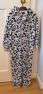 Buy Girl's M&S Grey Hooded Animal Print Teddy Fleece Pyjama - Age 8-9 Yrs • 6£