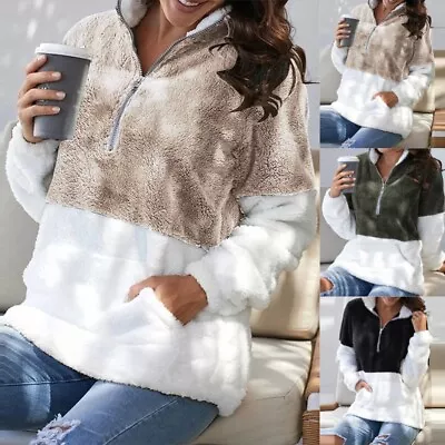 Buy Womens Teddy Bear Sweatshirt Fluffy Fleece Zip Up High Neck Jumper Tops Pullover • 2.39£