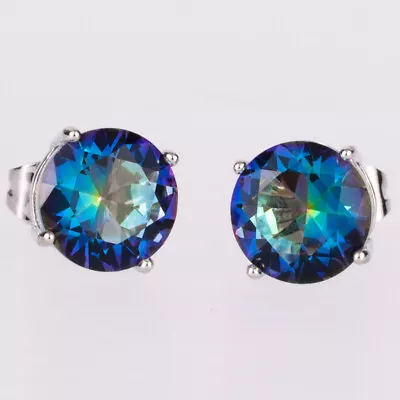 Buy 8mm Round Blue Rainbow Mystic Topaz Women Silver Jewellery Stud Pierced Earrings • 2.60£