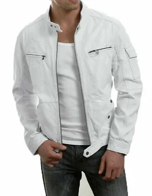 Buy Men's Leather Jacket Soft Genuine Lambskin White Slim Fit Biker Leather Jacket • 96.99£