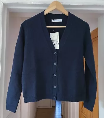 Buy ZARA Cardigan Merino Wool 100% V Neck Soft Knit Sweater S M L Navy Blue V Neck • 44.10£