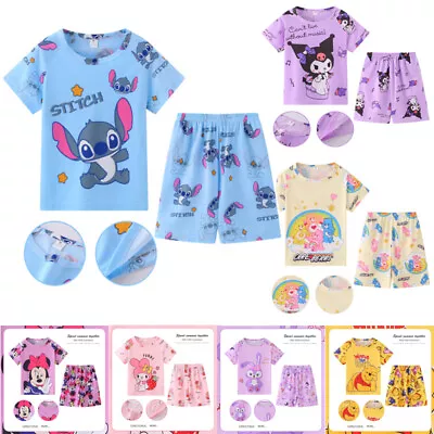 Buy Boys Girls Summer Stitch Cartoon Pyjamas Kids Short Sleeve T-Shirt Shorts Set UK • 6.49£