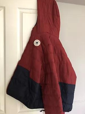 Buy Boys Converse All Star Padded Full Zip Hooded Puffer Jacket Navy Burgundy 13-15 • 35£