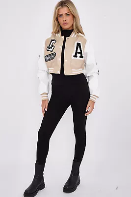 Buy Womens Ladies Cropped American Varsity Baseball Jacket Top Faux Leather LA Print • 19.99£