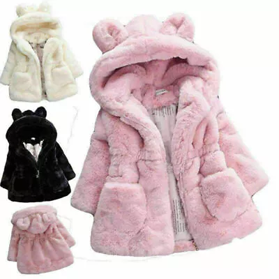 Buy Kids Girls Faux Fur Fleece Bunny Ears Coat Winter Warm Hooded Jacket Outwear Top • 10.82£