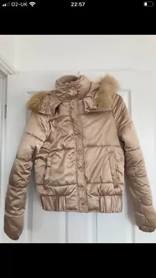 Buy H&M Ladies Gold Metallic Padded Fur Trim Hooded Bomber Jacket Coat Size 6 - 8 • 15£