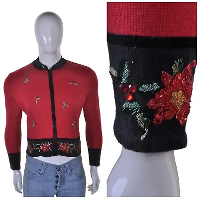 Buy Vintage Christmas Sequin Cardigan S Cute Holly Kitsch Novelty Jumper Sweater • 29.99£