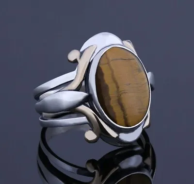 Buy Handmade Silver Tiger Eye Brown Oval Natural Stone Protection Ring For Men 925 • 111.77£
