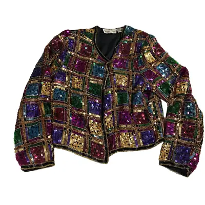 Buy Vintage Laurence Kazar Sequin Silk Beaded Blazer Jacket Women's L • 81.66£