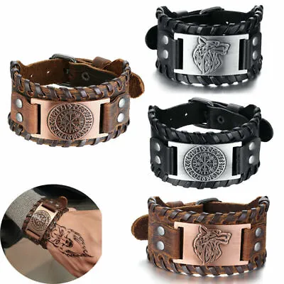Buy Mens Viking Wide Genuine Leather Vegvisir/Mjolnir/Dragon/Wolf Bracelet Wristband • 9.95£