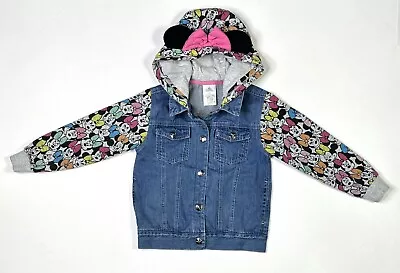 Buy Disney Denim Jacket Girls Size 5/6 Hooded Minnie Mouse Ears Gray • 14.09£
