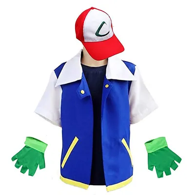 Buy Men Adult Ash Ketchum Costume Anime Jacket Halloween Cosplay Outfit Set Clothes • 18.22£