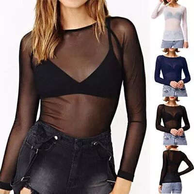 Buy Womens Sexy Mesh See Through Sheer Tops Party Long Sleeve Tops Club Wear Blouse • 7.49£