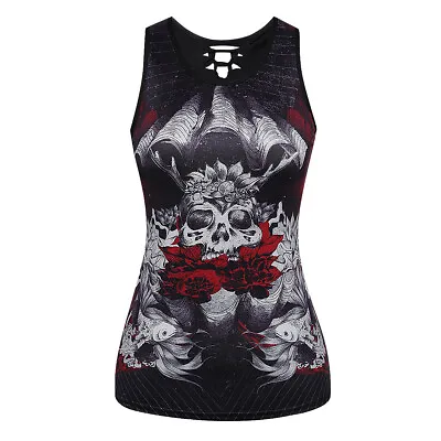 Buy Roses Print Floral Skull Punk Goth Style Top T-shirt • 11.99£