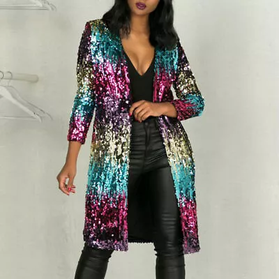 Buy Lady‘s Fashion Colorful Jacket Long Sleeve Bling Rainbow Sequins Coat Outwear • 36.47£