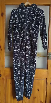 Buy M&S 12-13 Years Black & White Skulls Hooded All In One Zip Fleece Pyjamas • 8.99£