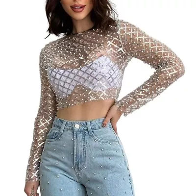 Buy Mesh Crop Top For Women Pearls Beaded See-Through Long Sleeve T-Shirts • 18.60£