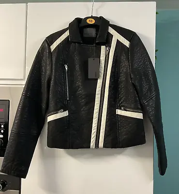 Buy Ladies MINIMUM Black Biker Style Faux Leather Jacket Size 8 NEW • 5.50£