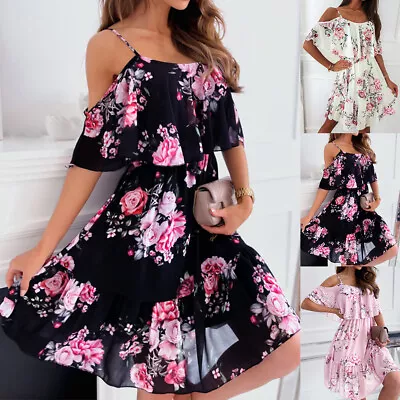 Buy Womens Chiffon Cold Shoulder Mini Dress Boho Floral Summer Beach Sexy Sundress • 3.19£