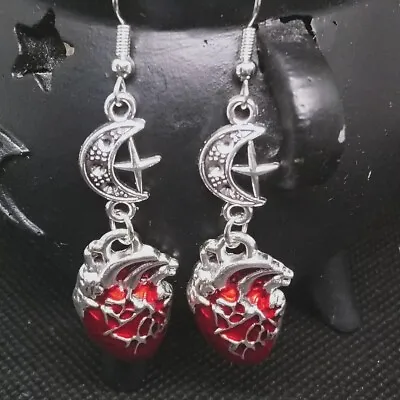 Buy Anatomical Heart Moon Dangle Drop Earrings Alternative Witch Goth Jewellery • 5£