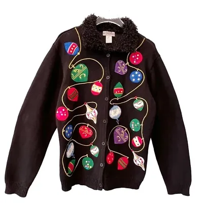 Buy Investments Christmas Sweater Cardigan Ornaments Size S Sequin Fuzzy Collar Blac • 14.83£