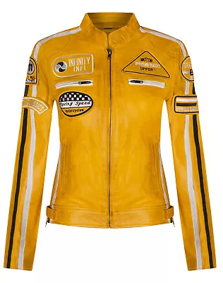 Buy Womens Yellow Leather Biker Jacket Retro Casual Zipped Racing Moto Badges • 109.99£