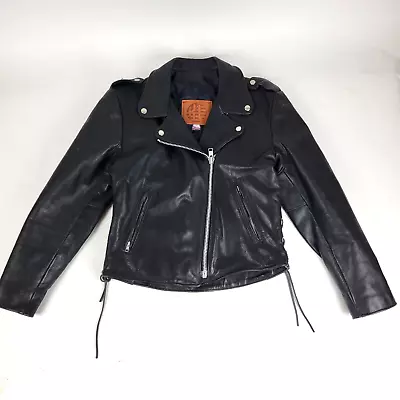 Buy Kerr Leather Black Heavy Leather Cross Zip Lace Up Lined Motorcycle Jacket Sz 14 • 120.63£