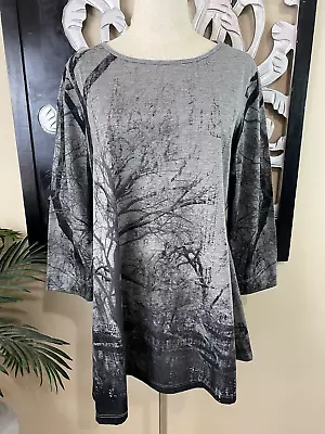 Buy JOHN MARK Gray Abstract Tree Asymmetrical 3/4 Slv Earth Art T-Shirt Tunic Top S • 32.98£